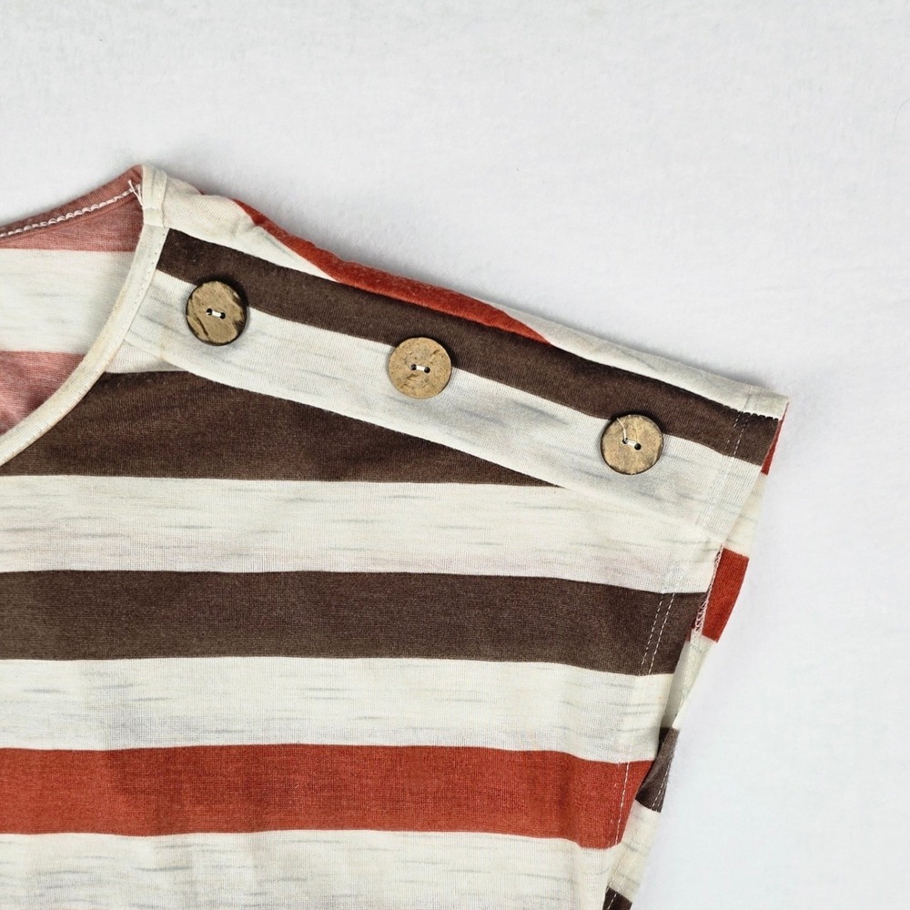 Lavish Striped Button Shoulder Knit Top Women L Brown Rust Cream Short Sleeve - Picture 3 of 7